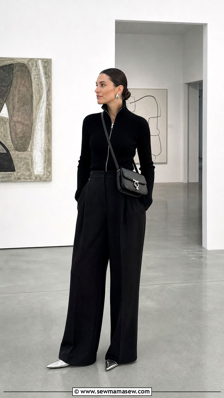 Funnel neck top with flowy trousers outfit - 40 Parisian chic outfit ideas
