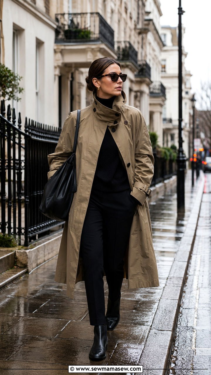 Funnel neck trench coat with ankle boots - 20 Glamoratti outfit ideas funnel neck