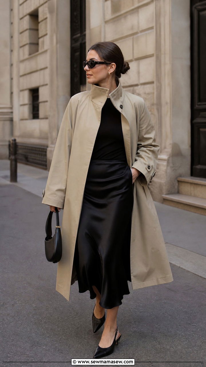 Funnel neck trench coat with midi skirt outfit - 25 Funnel neck outfit ideas 2026