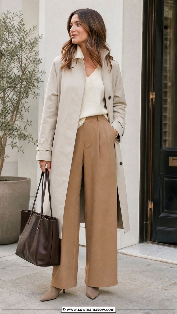 Funnel neck trench coat with wide leg trousers - 30 Modest capsule wardrobe 2026
