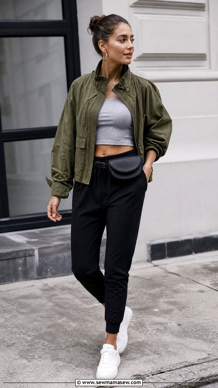 Funnel neck utility jacket with joggers - 25 Funnel neck outfit ideas 2026
