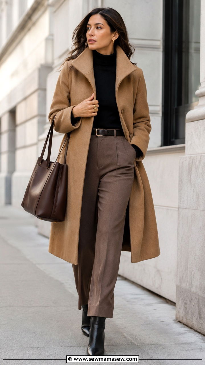 Funnel neck wool coat with tailored trousers - 20 Glamoratti outfit ideas funnel neck
