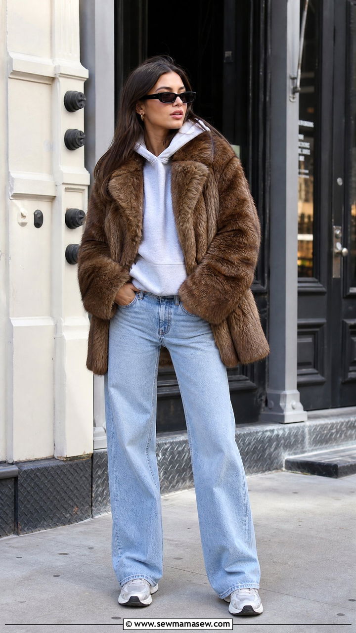 Fur Coat Over a Hoodie with Straight Leg Jeans - 35 Fur coat outfit ideas