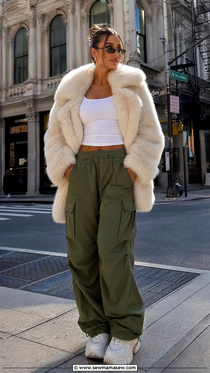 Fur Coat with Cargo Pants and Chunky Sneakers - 35 Fur coat outfit ideas