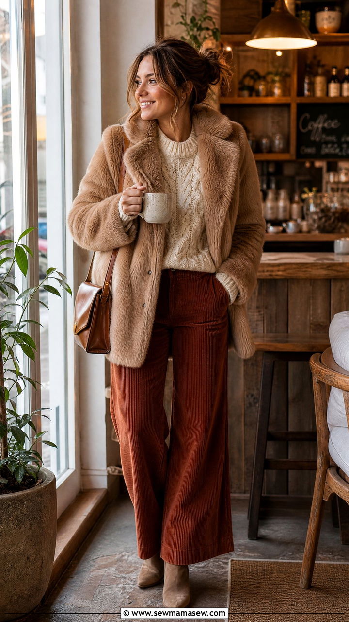 Fur Coat with Corduroy Trousers and a Chunky Knit - 35 Fur coat outfit ideas