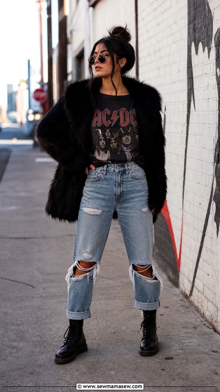 Fur Coat with Graphic Tee and Ripped Jeans - 35 Fur coat outfit ideas