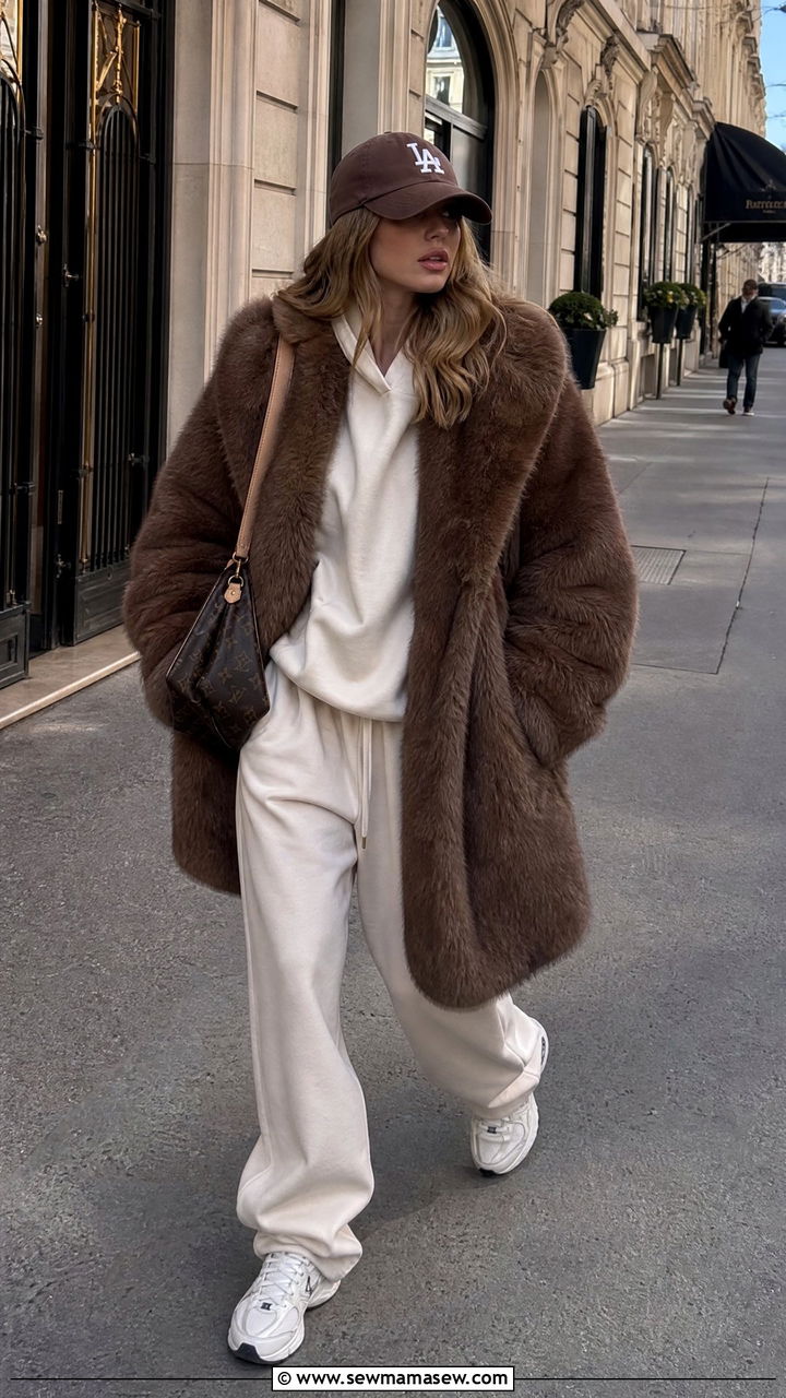 Fur Coat with Matching Sweatsuit and Sneakers - 35 Fur coat outfit ideas