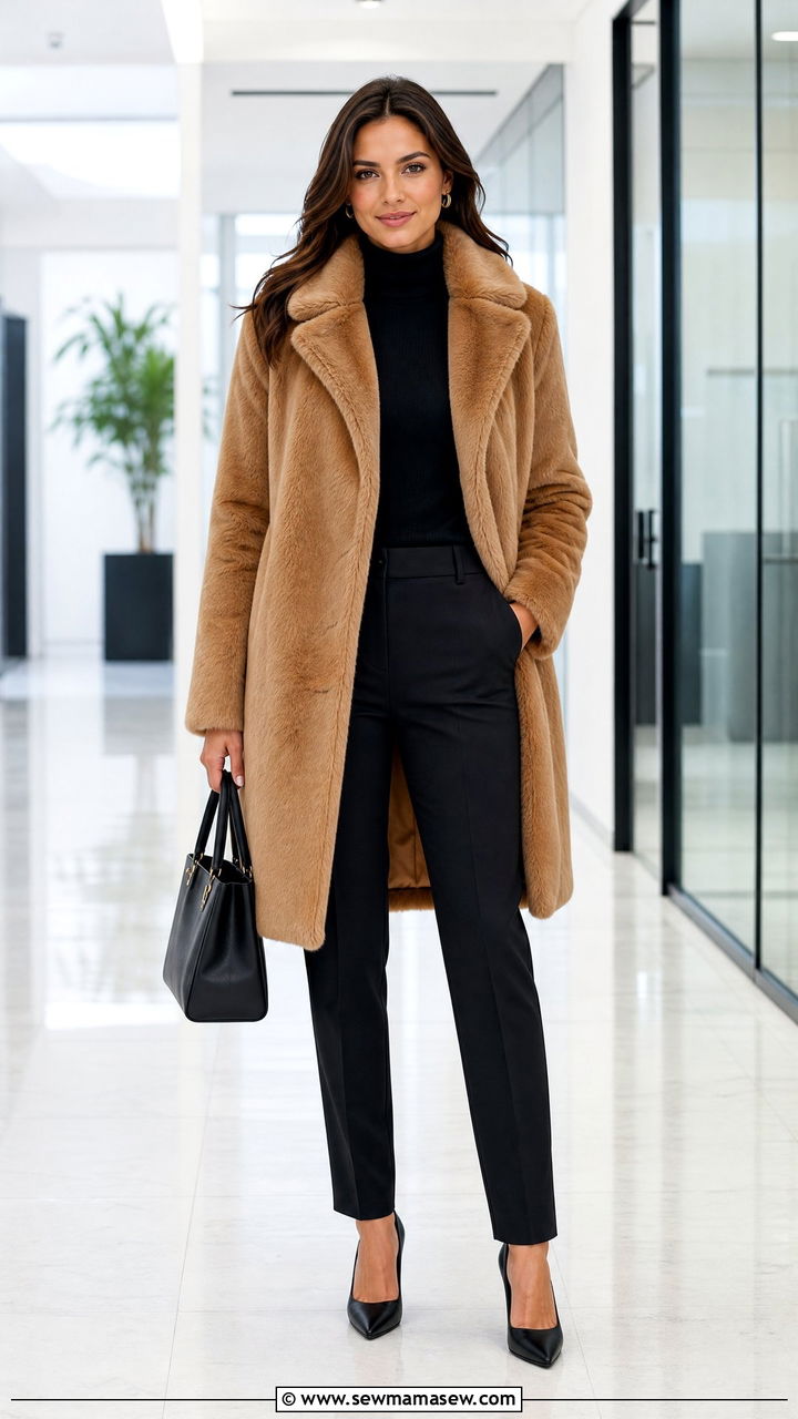 Fur Coat with Tailored Trousers and a Turtleneck for Work - 35 Fur coat outfit ideas