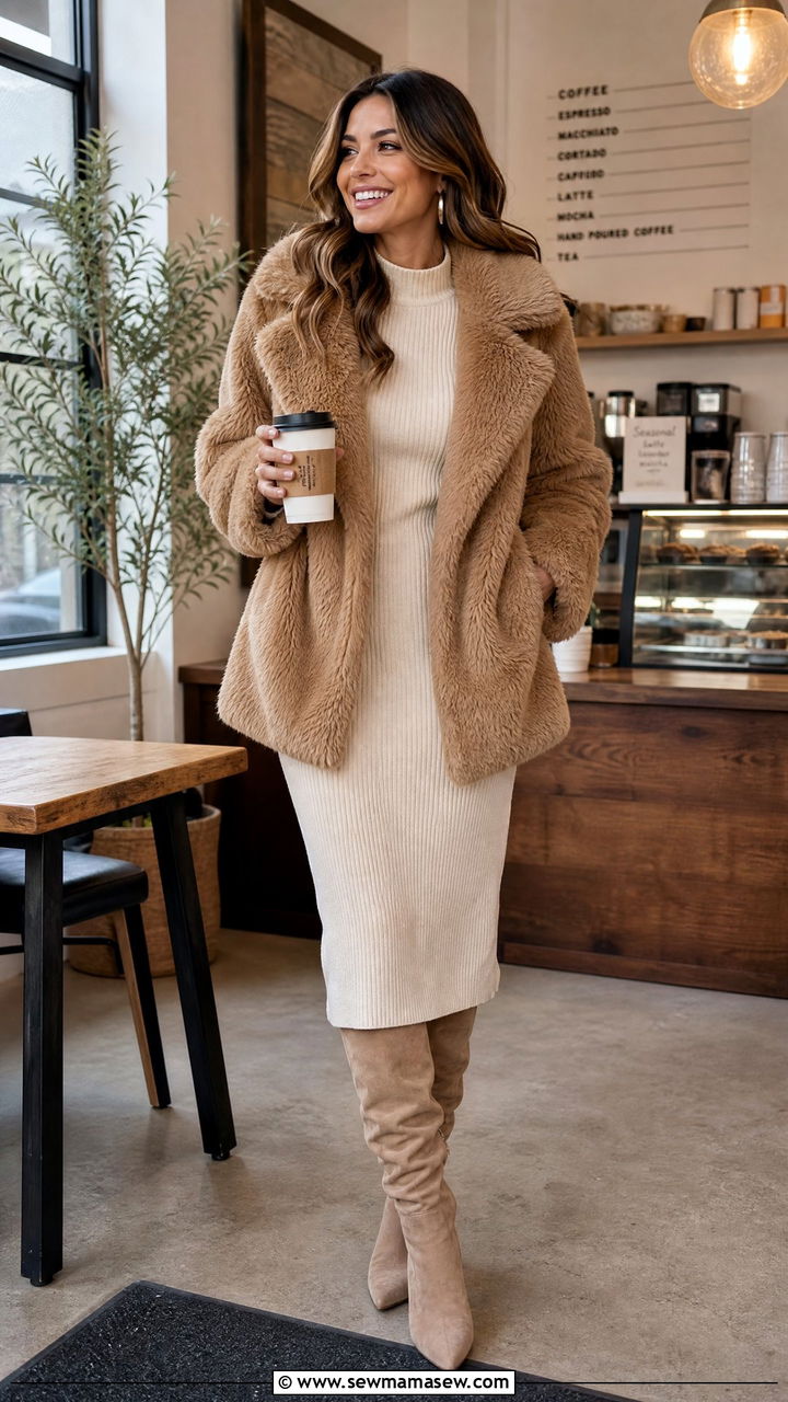 Fur Coat with a Knit Midi Dress and Knee High Boots - 35 Fur coat outfit ideas