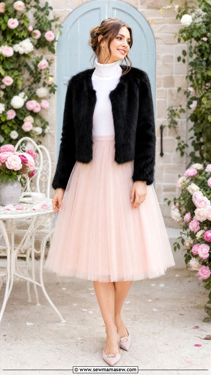 Fur Coat with a Tulle Skirt for Playful Contrast - 35 Fur coat outfit ideas