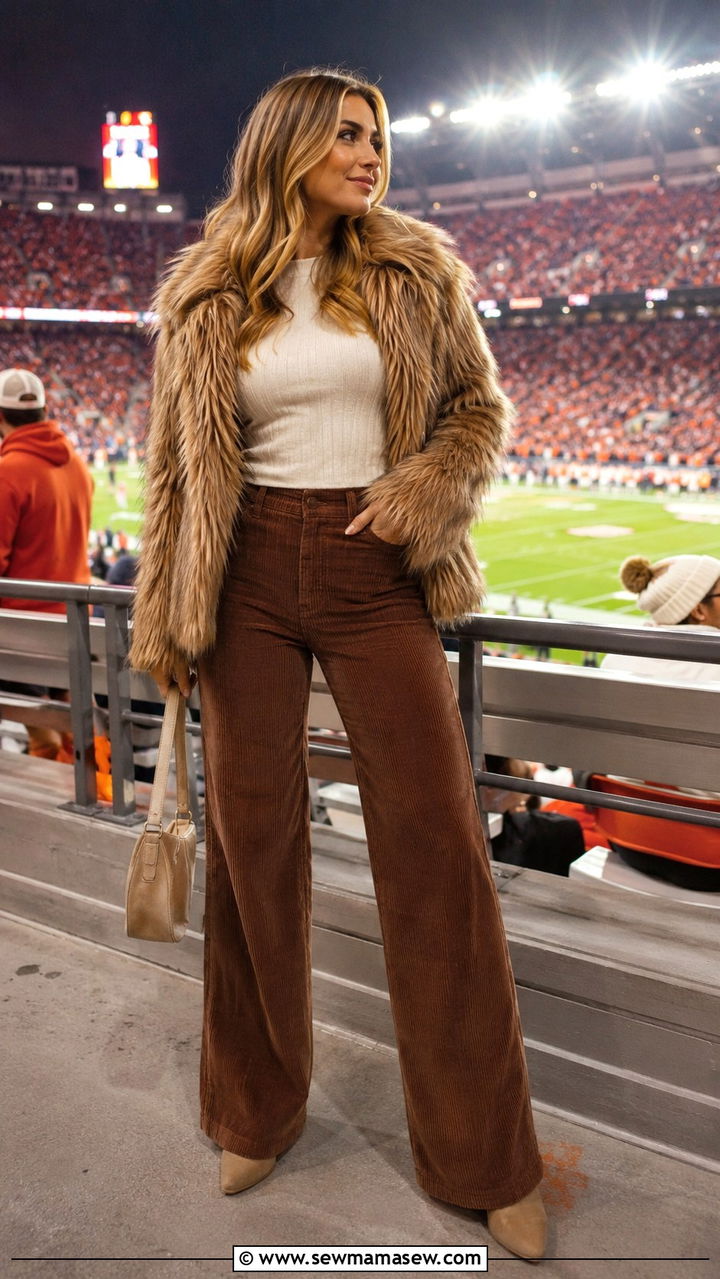 Fur Jacket and Corduroy Pants Outfit - 30 NFL game outfit ideas