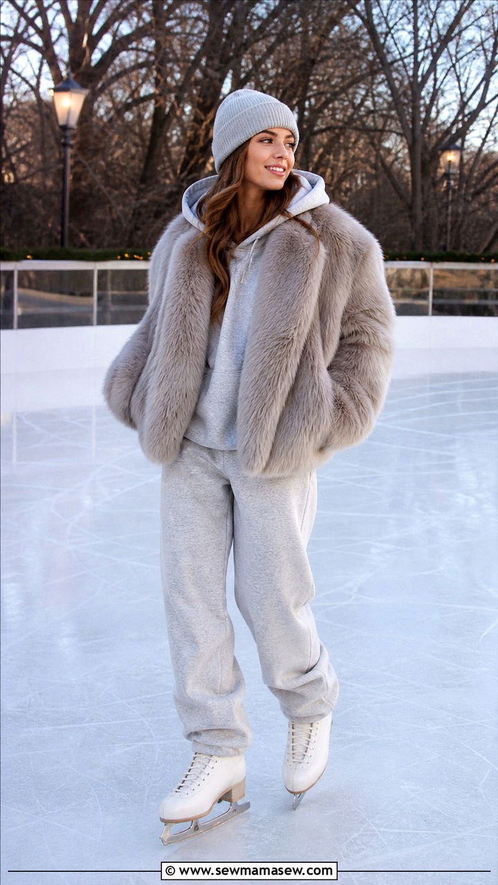 Fur jacket gray sweatpants hoodie and beanie ice skating outfit - 40 Ice skating outfit ideas