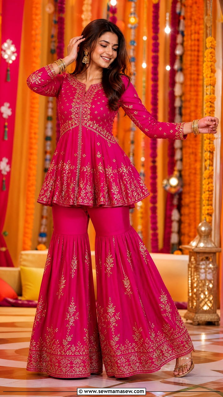Fuschia Peplum Top And Flared Sharara Set - 35 Matching set outfit ideas for wedding guest