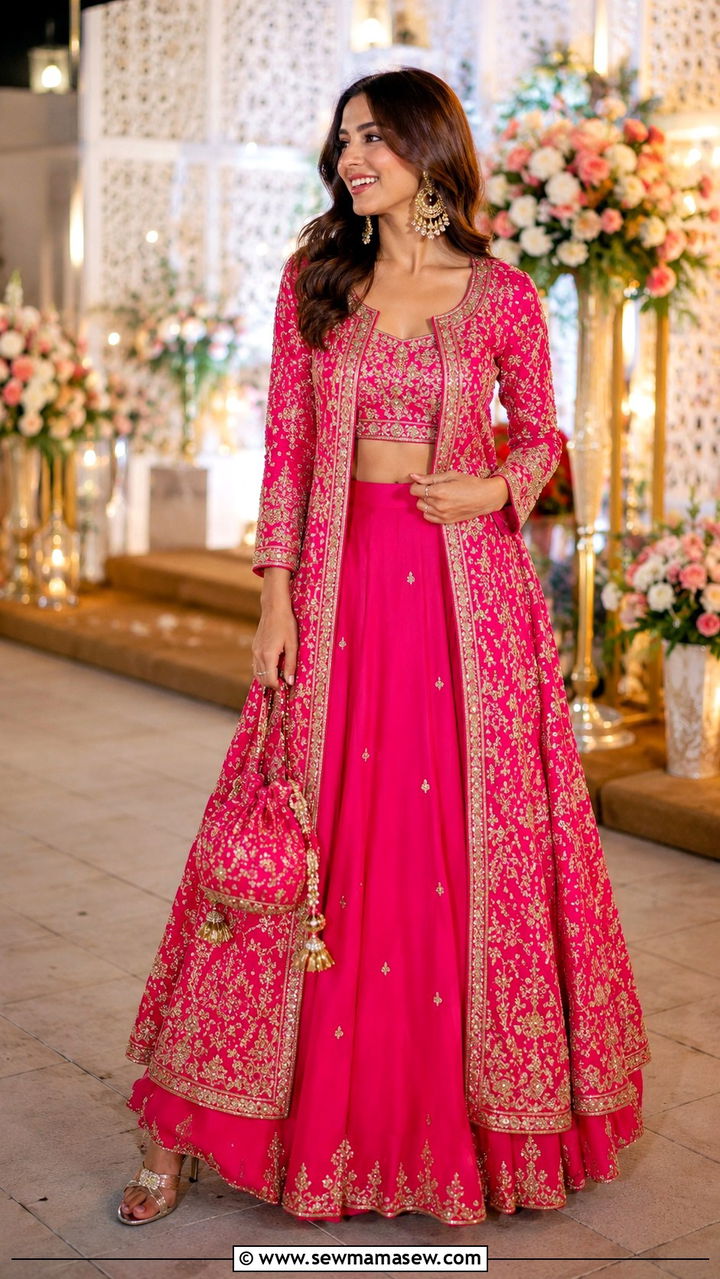 Fuschia Pink Jacket Style Lehenga - 30 Mehndi outfit ideas