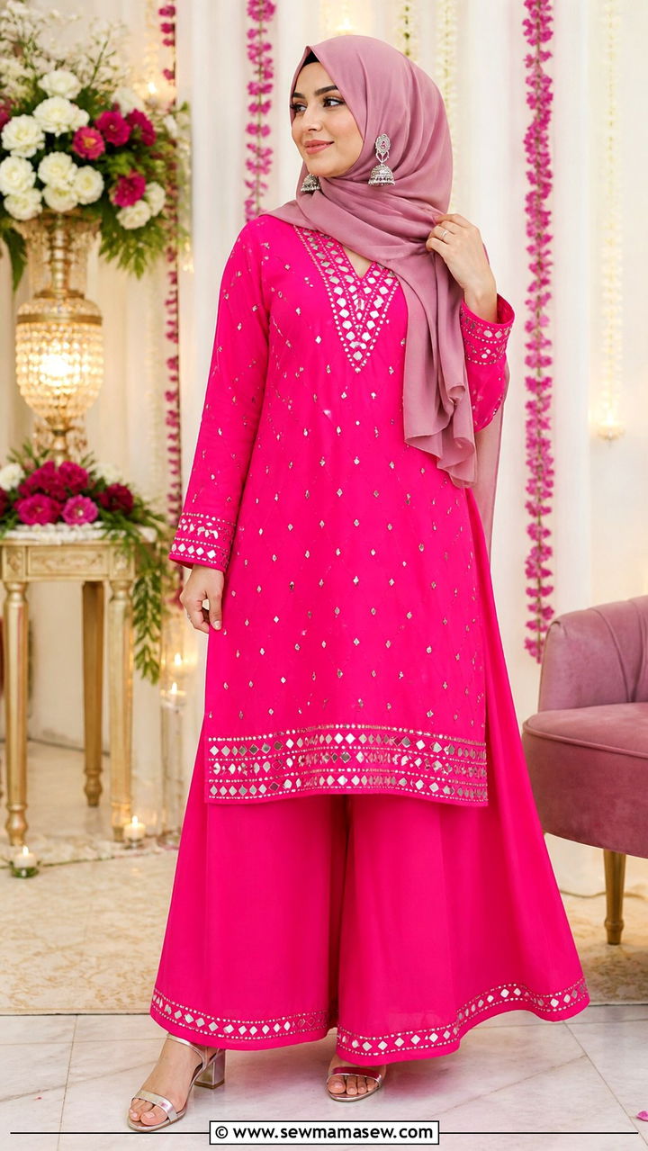 Fuschia Pink Palazzo Suit With Mirror Work - 40 Eid outfit ideas for women