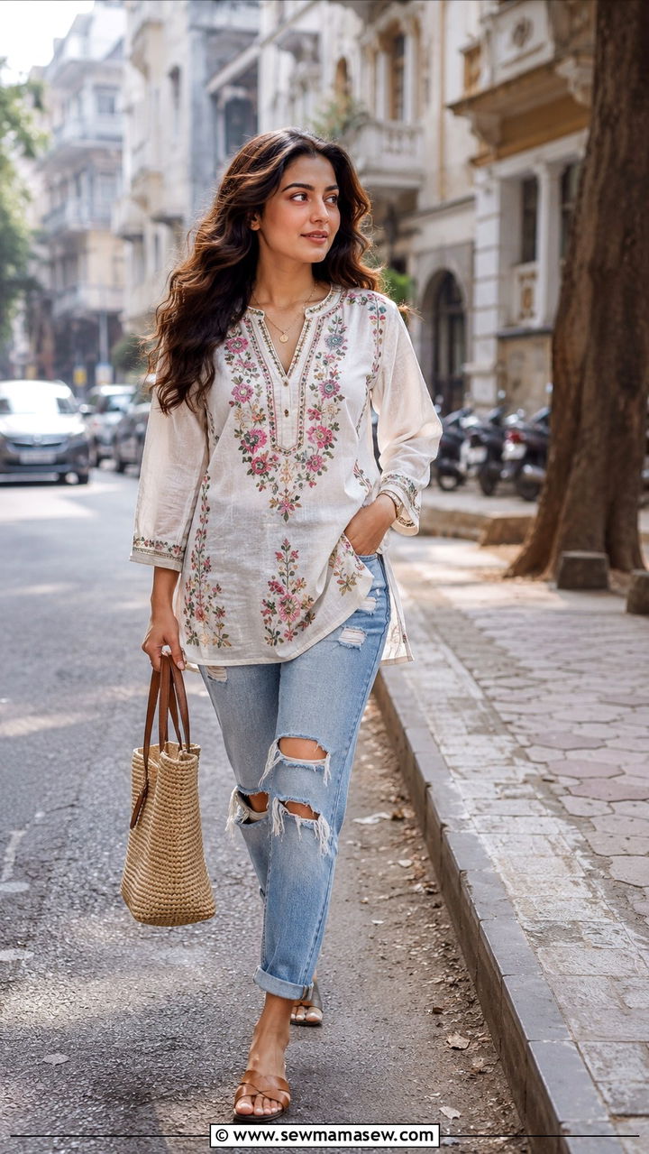Fusion embroidered kurta with distressed denim Mumbai - 25 Mumbai outfit ideas