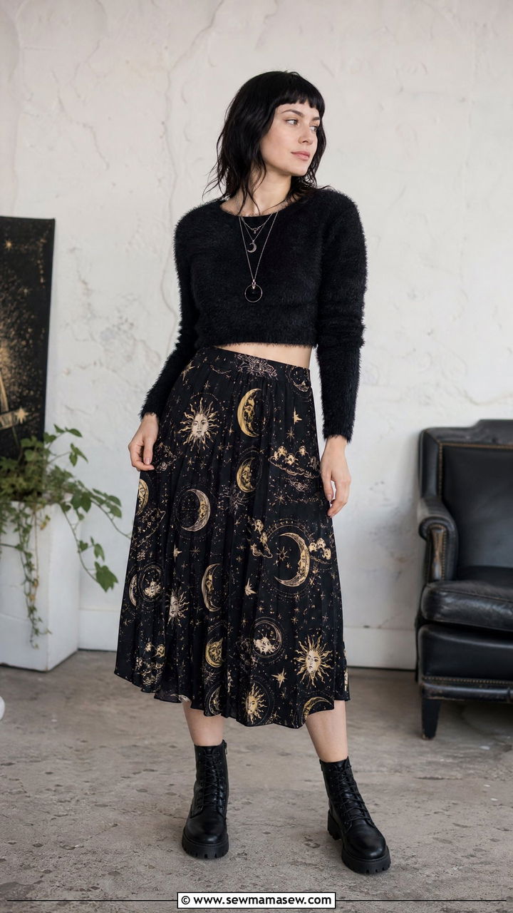 Fuzzy Cropped Sweater With Patterned Midi Skirt - 40 grunge outfits ideas