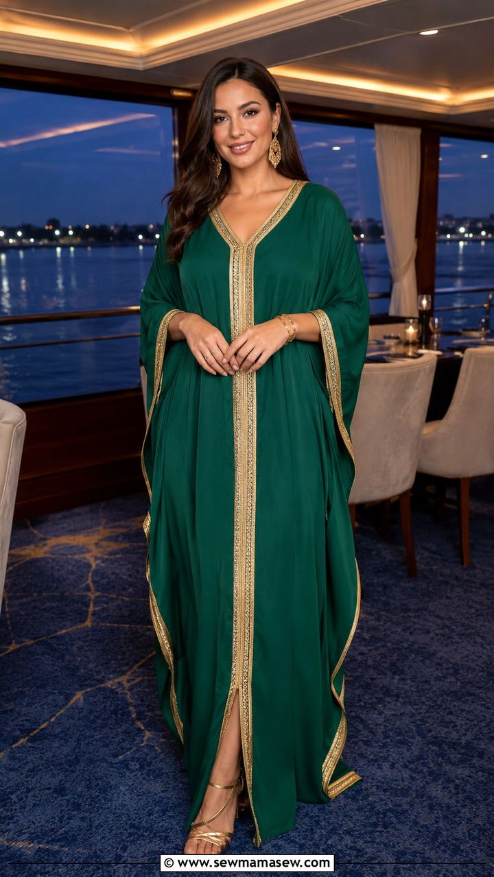 Galabeya in jewel tone with gold sandals - 30 Nile cruise outfit ideas