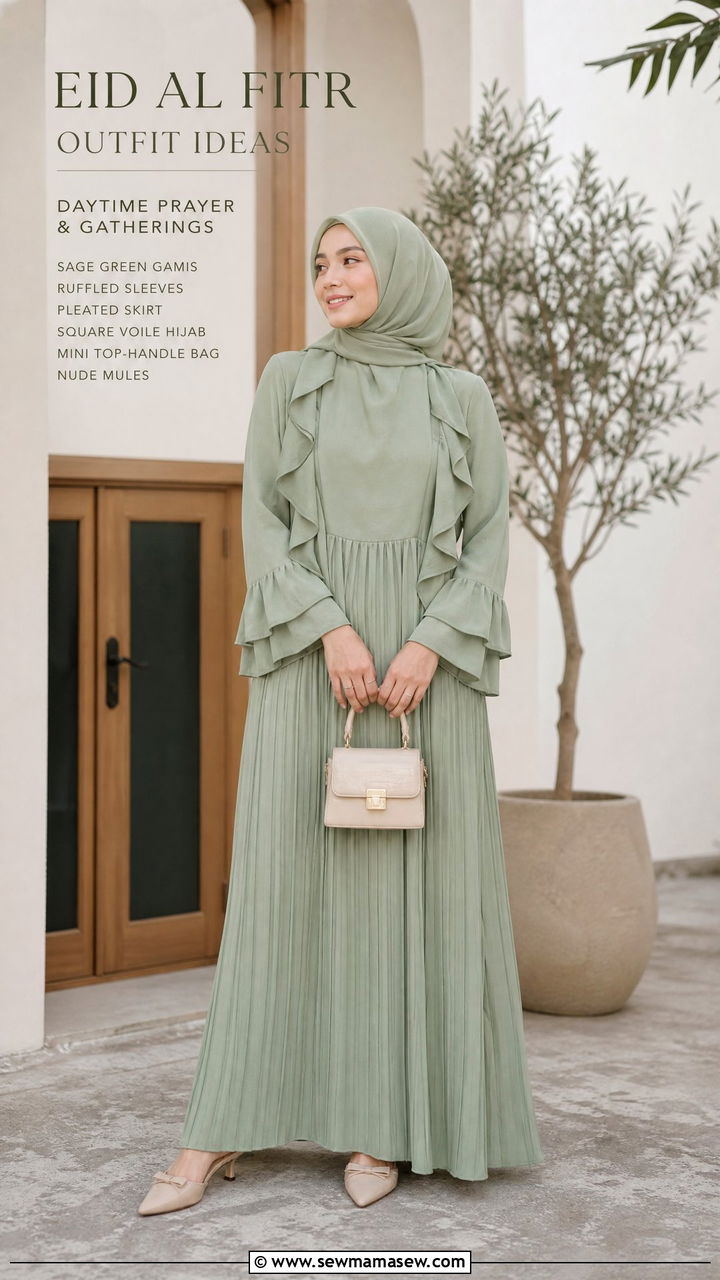 Gamis with Ruffled Sleeves and Pleats - 30 Eid al Fitr outfit ideas