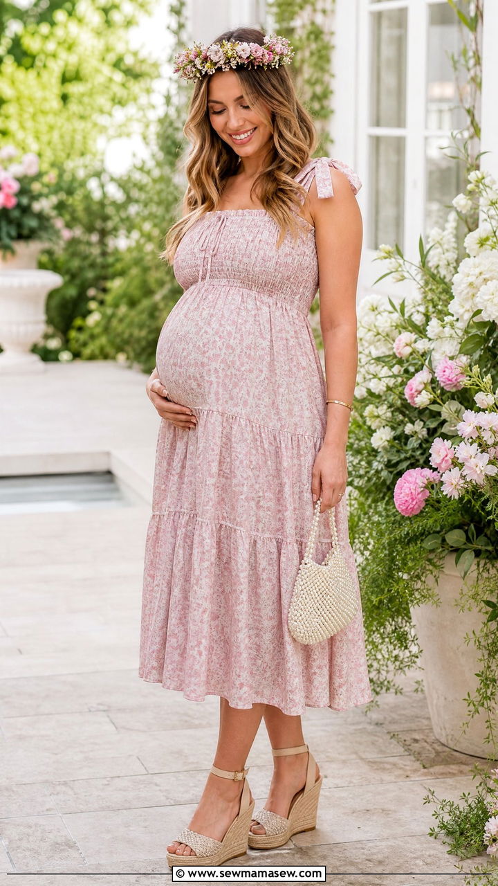 Garden Party Maternity Dress with a Floral Crown - 35 Maternity wedding guest outfits