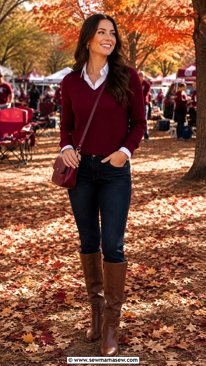 Garnet V Neck Sweater Over a Collared White Shirt With Jeans and Riding Boots - 20 Gameday outfit ideas FSU