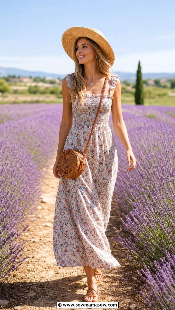 Gathered Maxi Dress with Flat Strappy Sandals - 25 Summer outfits for skinny women