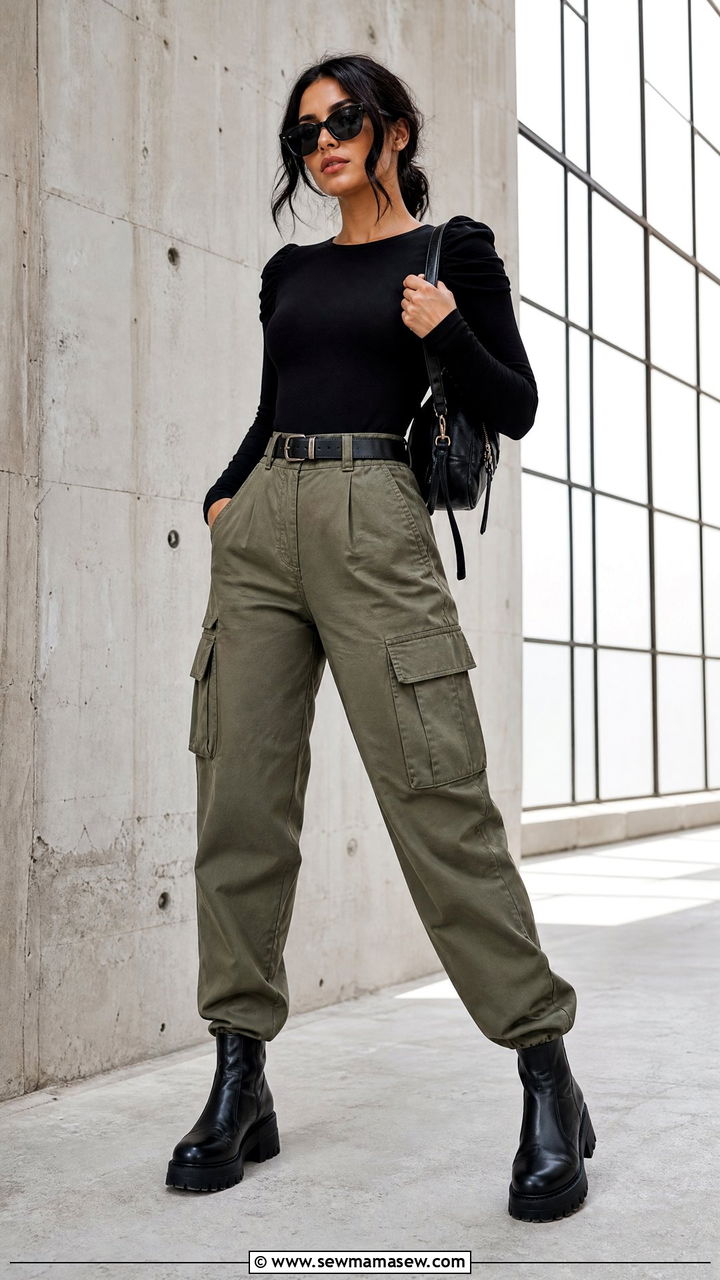 Gathered Shoulder Bodysuit with High Waist Cargo Pants - 25 Outfits for narrow shoulders