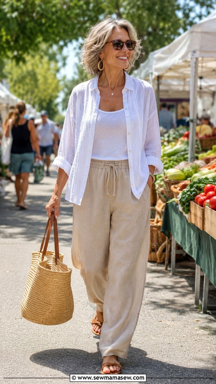 Gauze Button Up Relaxed Linen Pants - 30 Outfit ideas for women over 50 errands