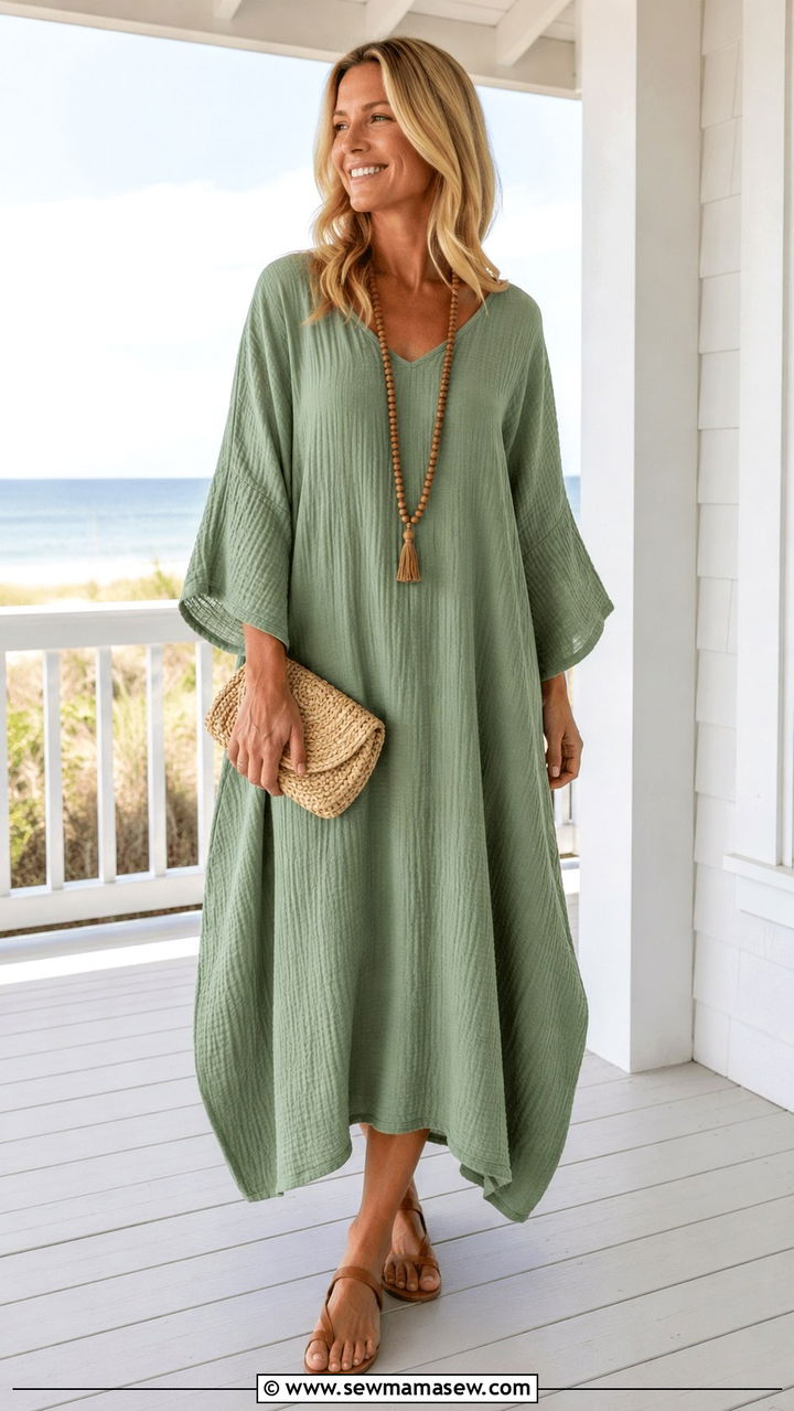 Gauze Cotton Caftan and Flat Sandals - 20 coastal grandmother outfits to copy