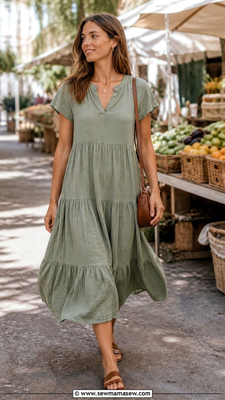 Gauze Cotton Dress With Leather Sandals - 40 summer chic outfit ideas