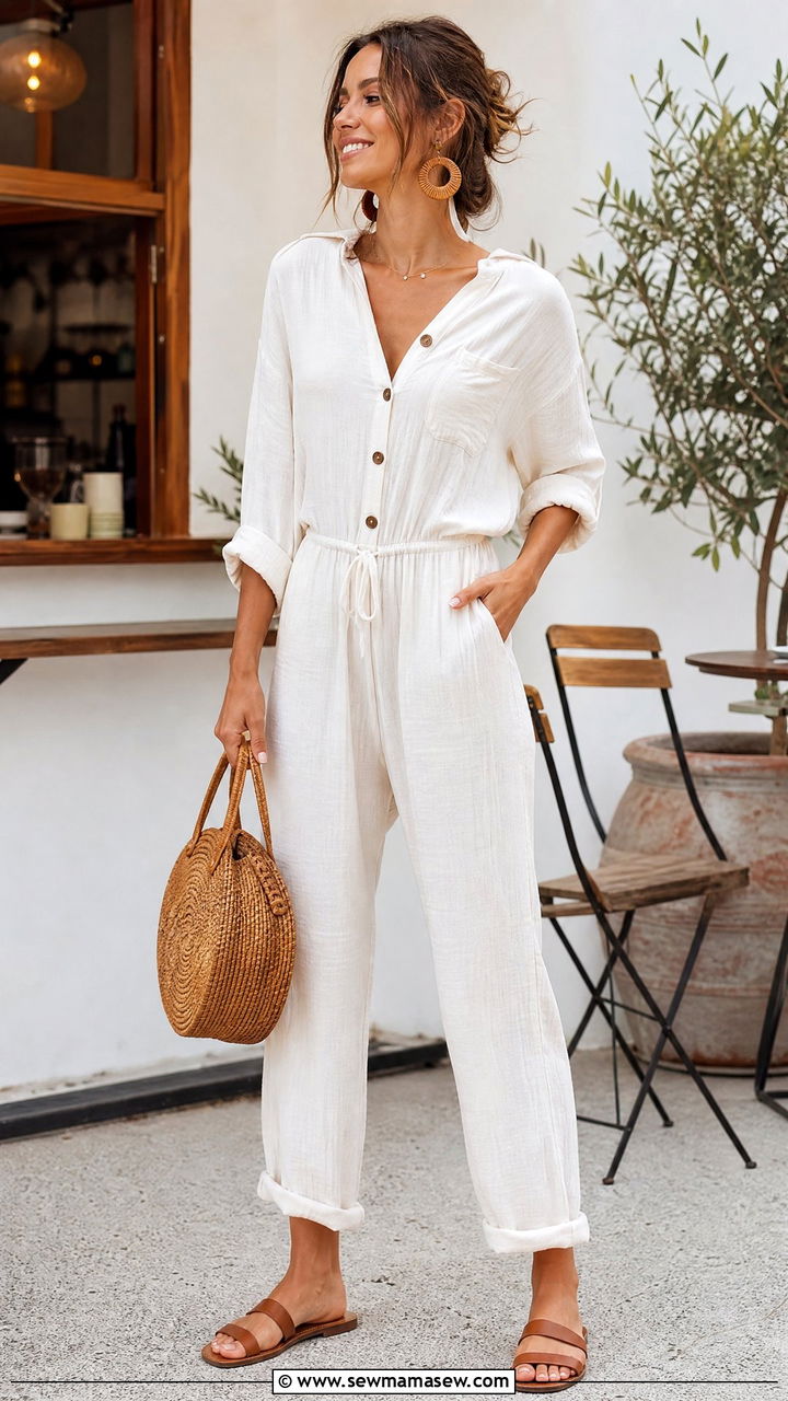 Gauze Cotton Jumpsuit with a Woven Bag - 30 summer jumpsuit outfit ideas