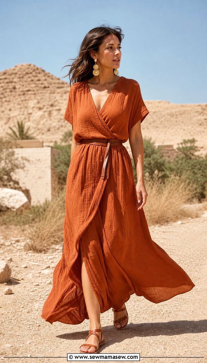 Gauze Maxi Dress In Terracotta With Leather Sandals - 25 summer heatwave outfit ideas