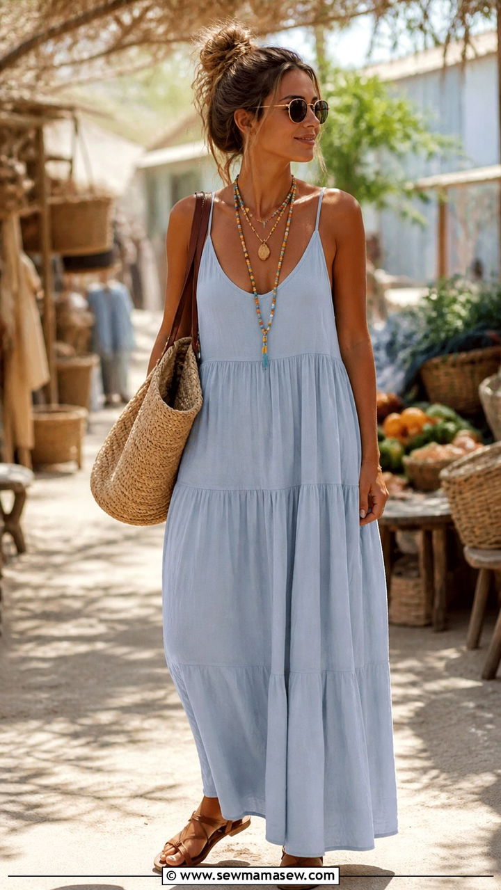 Gauze Tiered Dress with Flat Sandals and Straw Tote - 40 summer boho outfits