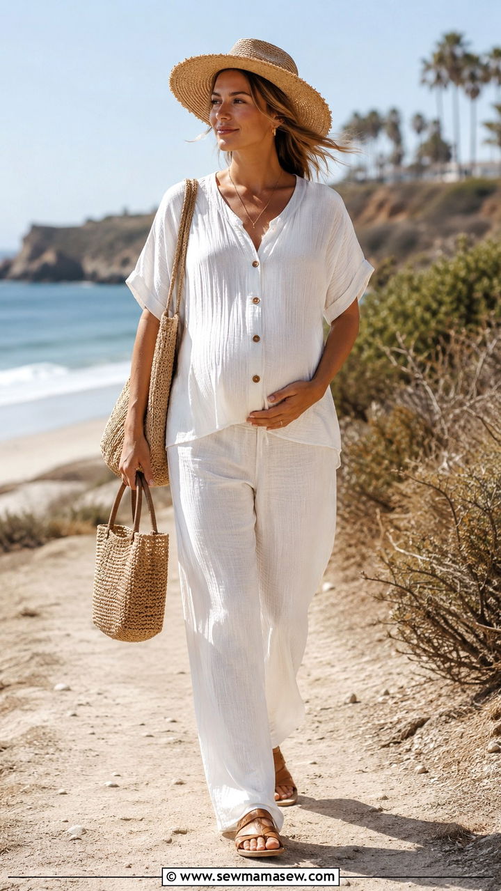 Gauze Two Piece Set For Warm Weather - 20 Maternity outfit ideas first trimester