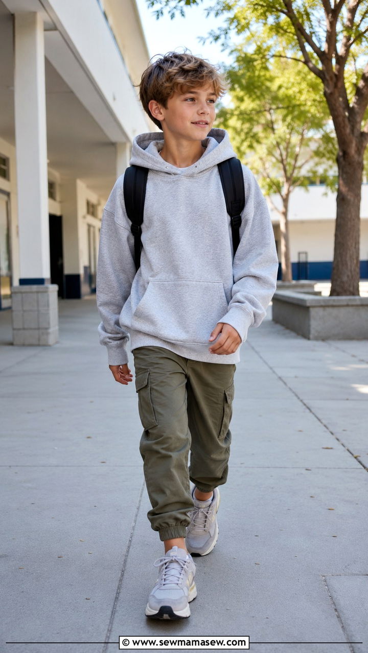 Gender neutral oversized hoodie with cargo joggers outfit - 30 Kids back to school outfit ideas