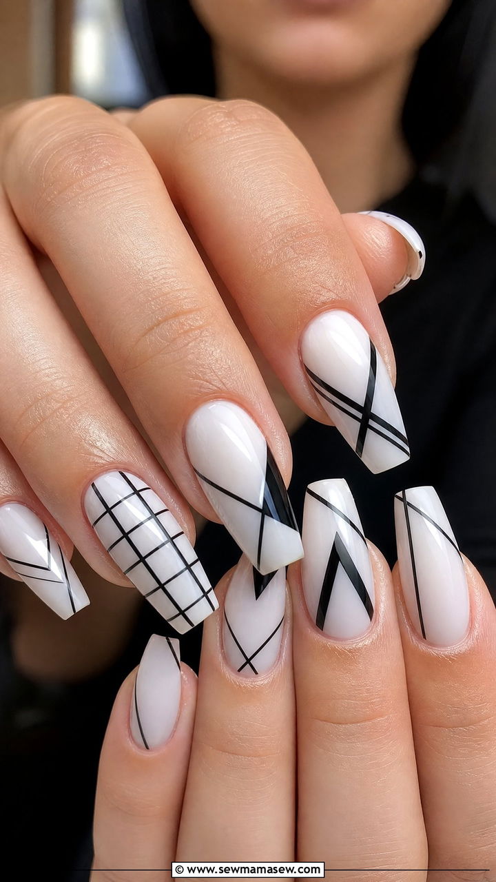 Geometric Black and White Gel Nails - 50 gel polish