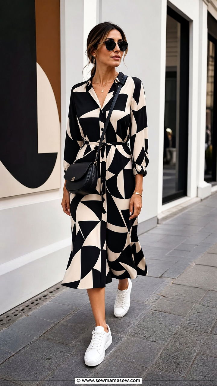 Geometric Dress With White Sneakers - 25 Italy outfits to copy
