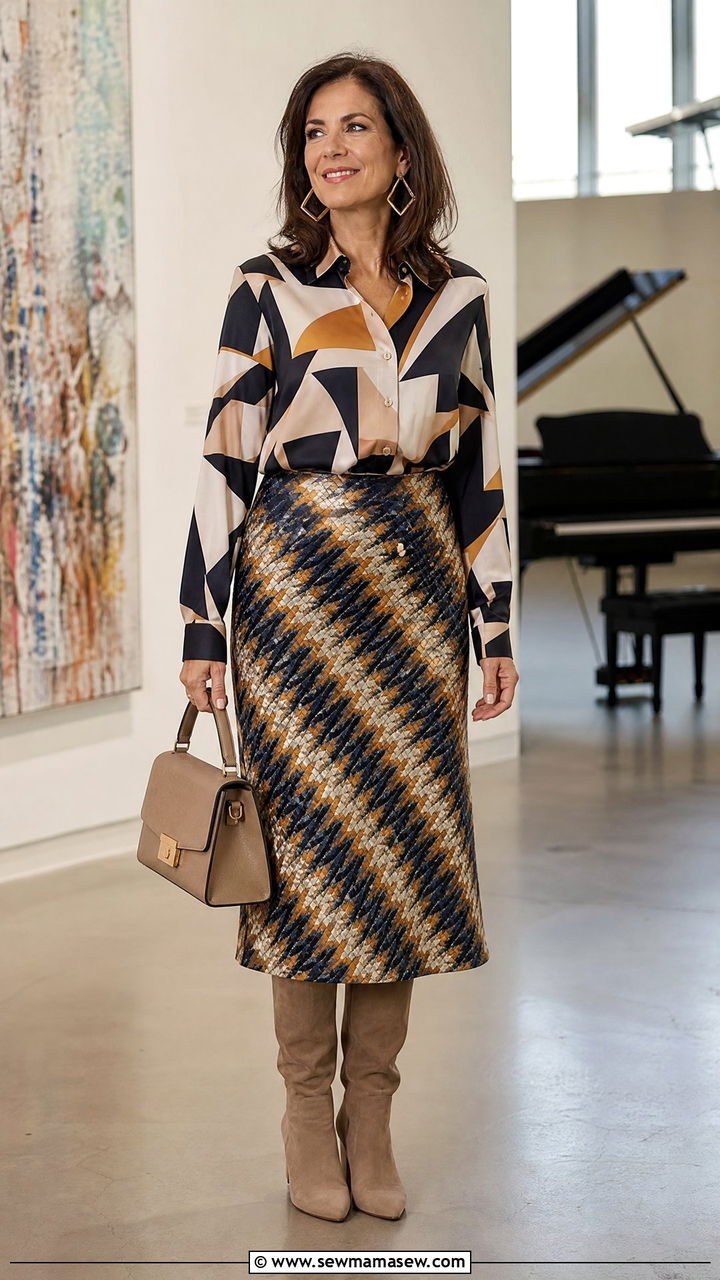 Geometric Print Blouse With Pattern Skirt Concert Outfit - 30 Concert outfits for women over 40