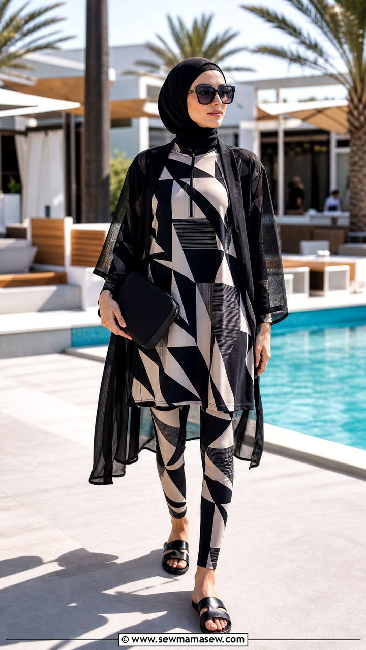 Geometric Print Burkini With Oversized Sunglasses - 20 Burkini outfit ideas