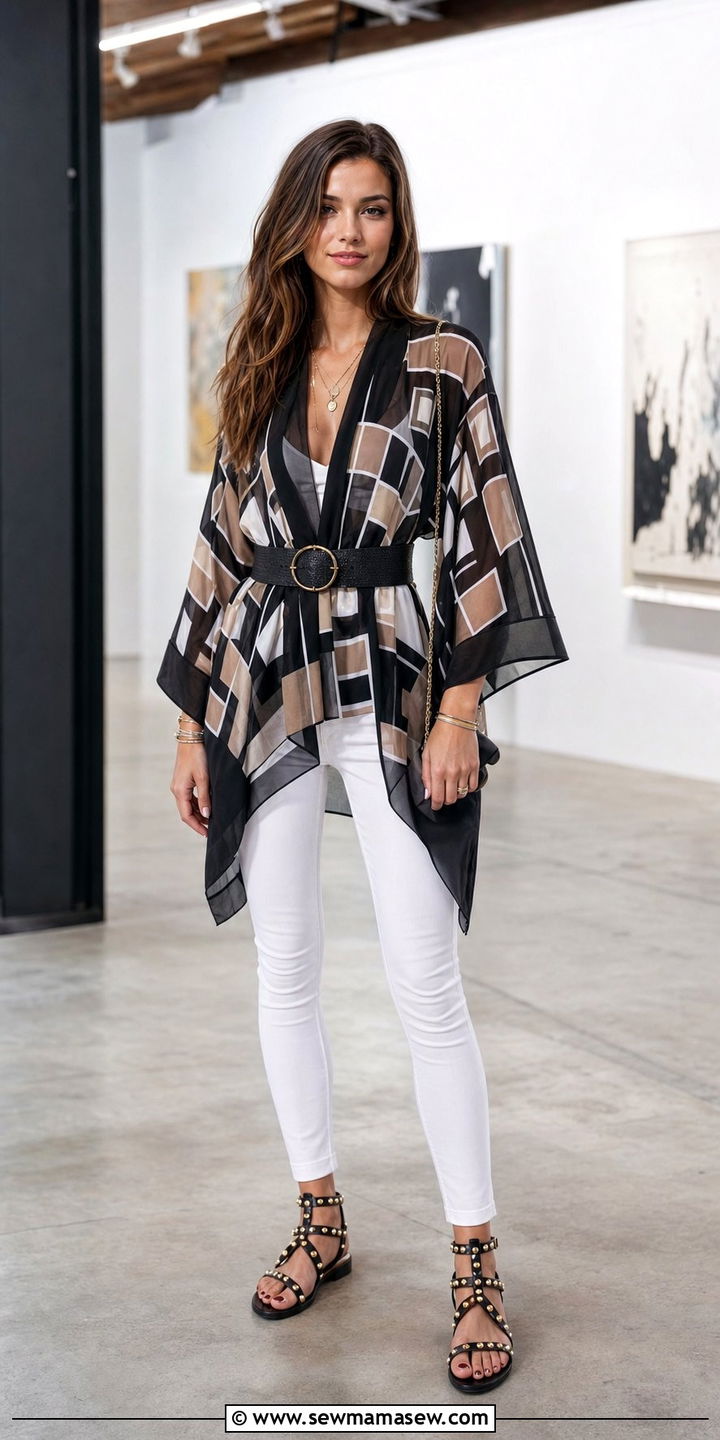 Geometric Print Kimono With White Skinny Jeans - 25 Spring outfits for women in their 30s