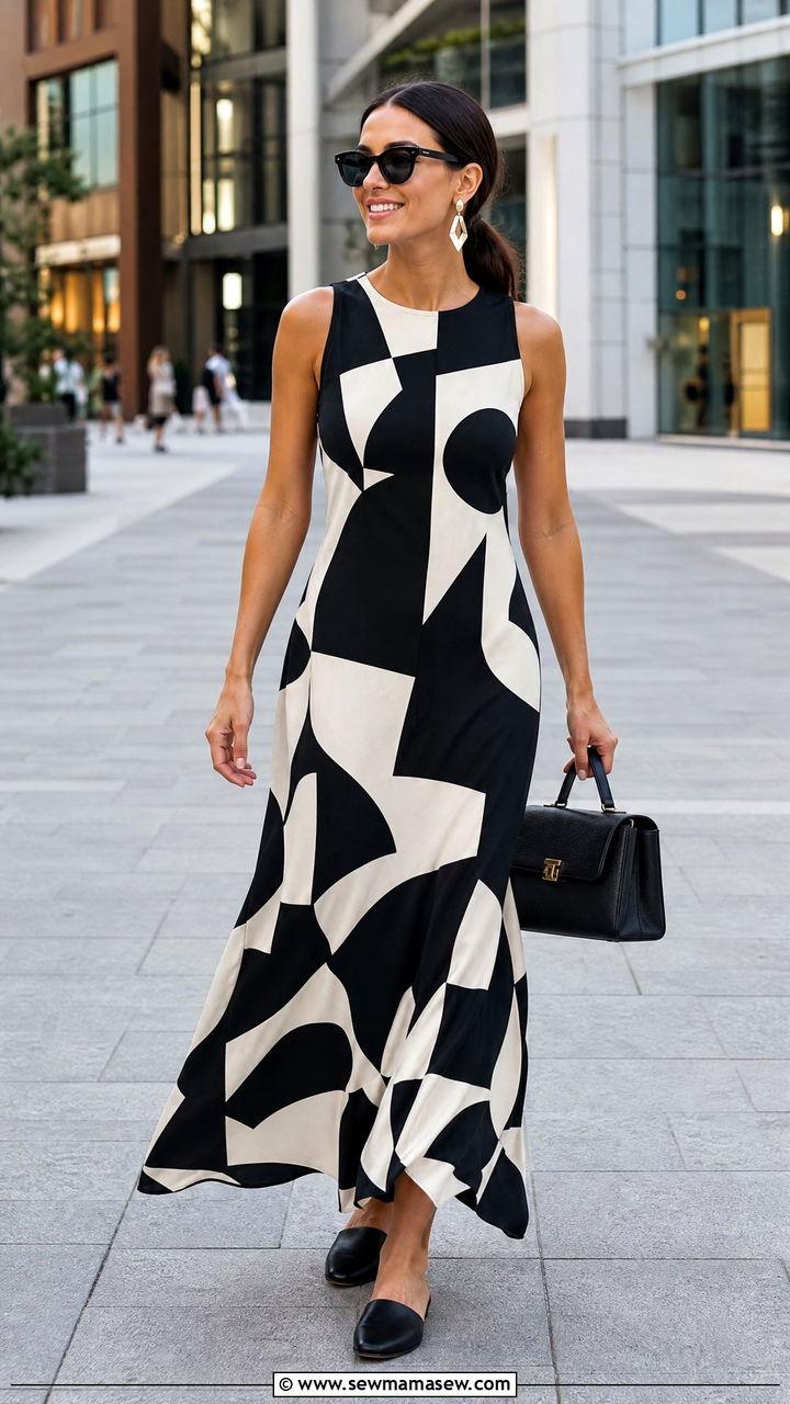 Geometric Print Maxi Dress with Structured Bag - 30 Maxi dress for vacation outfit ideas