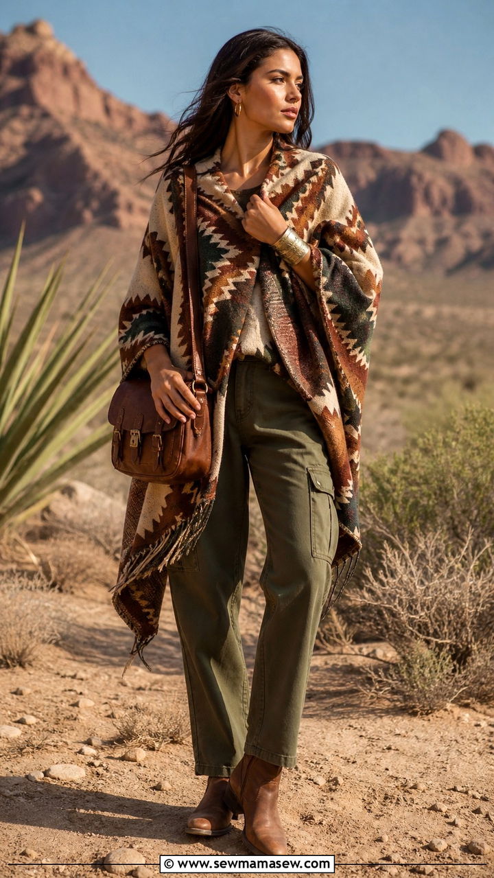 Geometric Print Poncho with Straight Leg Pants - 40 Bohemian outfit ideas