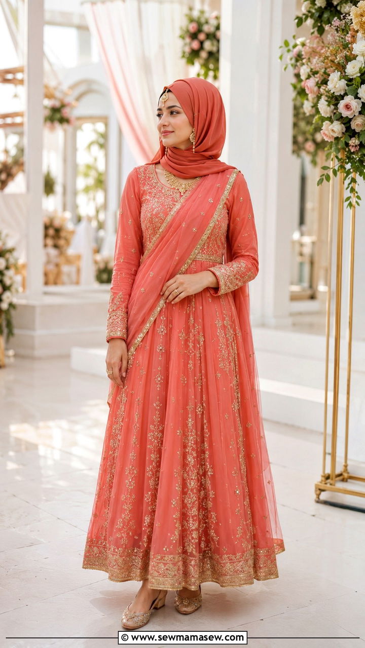 Georgette Anarkali With Dupatta - 30 Modest wedding guest outfit ideas for Muslim women