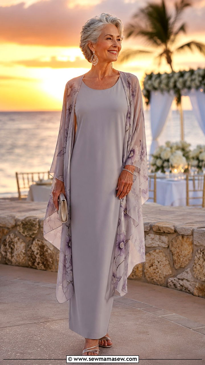 Georgette Kimono Over Column Maxi Dress - 20 Apple shape outfits for women over 60