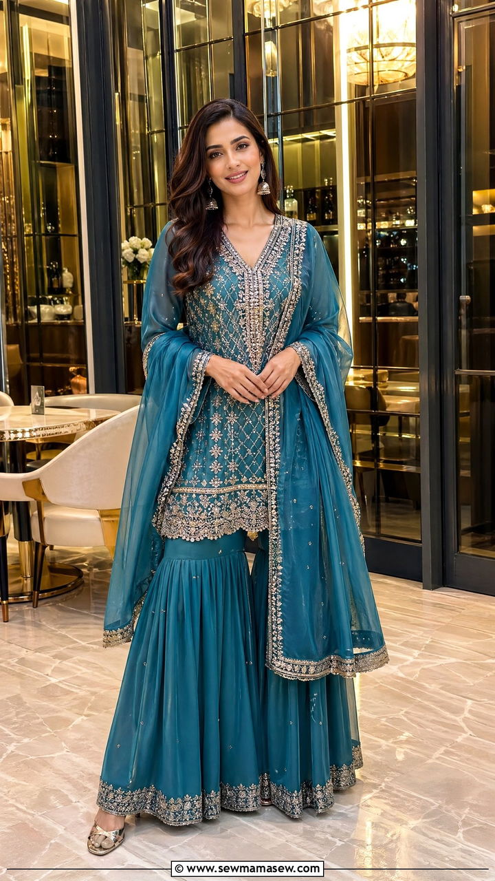 Georgette sharara with embroidered kurta - 35 Eid outfit ideas modest