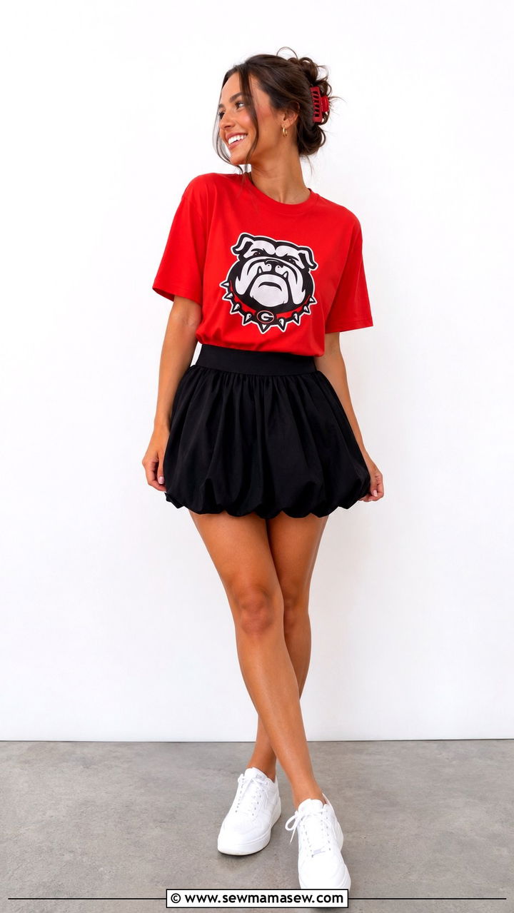 Georgia Graphic Tee with Black Bubble Skirt - 20 Gameday outfit ideas Georgia