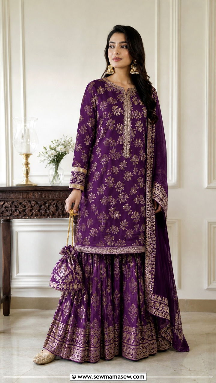 Gharara Set With Long Straight Kurta - 20 Wedding guest outfit ideas Barat ceremony