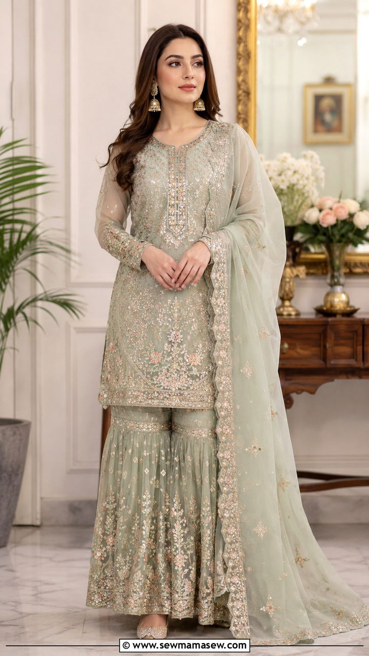 Gharara Suit with Embroidered Dupatta - 30 Karachi outfit ideas
