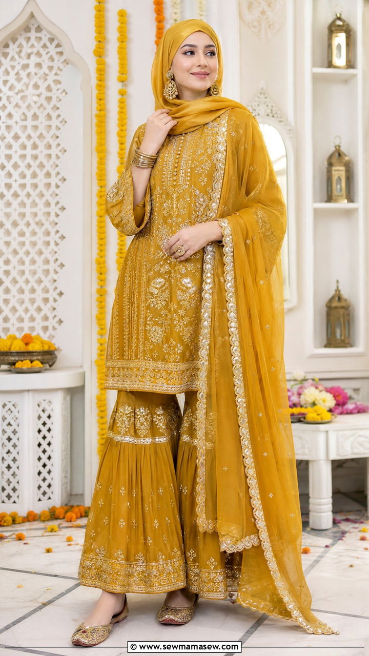 Gharara set with embroidered kurta - 30 Modest outfit ideas for Eid