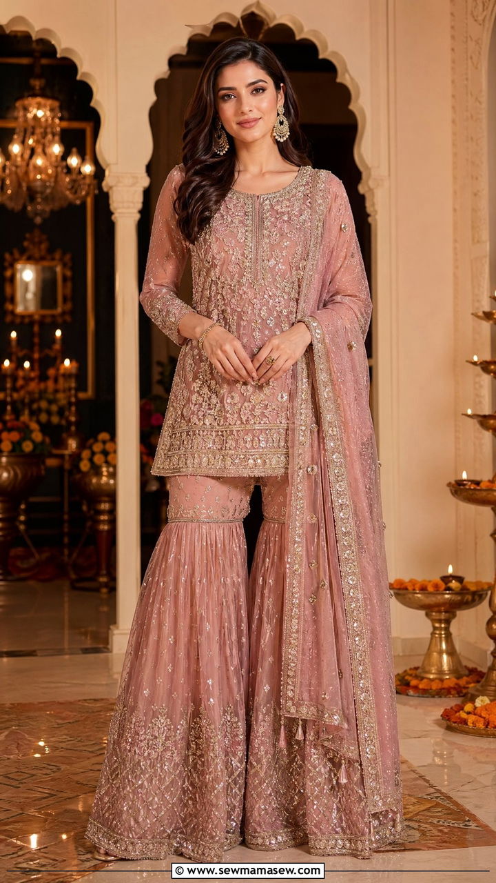 Gharara set with embroidered short kurta - 35 Diwali party outfit ideas